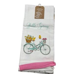 Snuggle Bunny Kitchen Towels Set of 2 White Pink Hello Spring Bicycle NWT 18x28